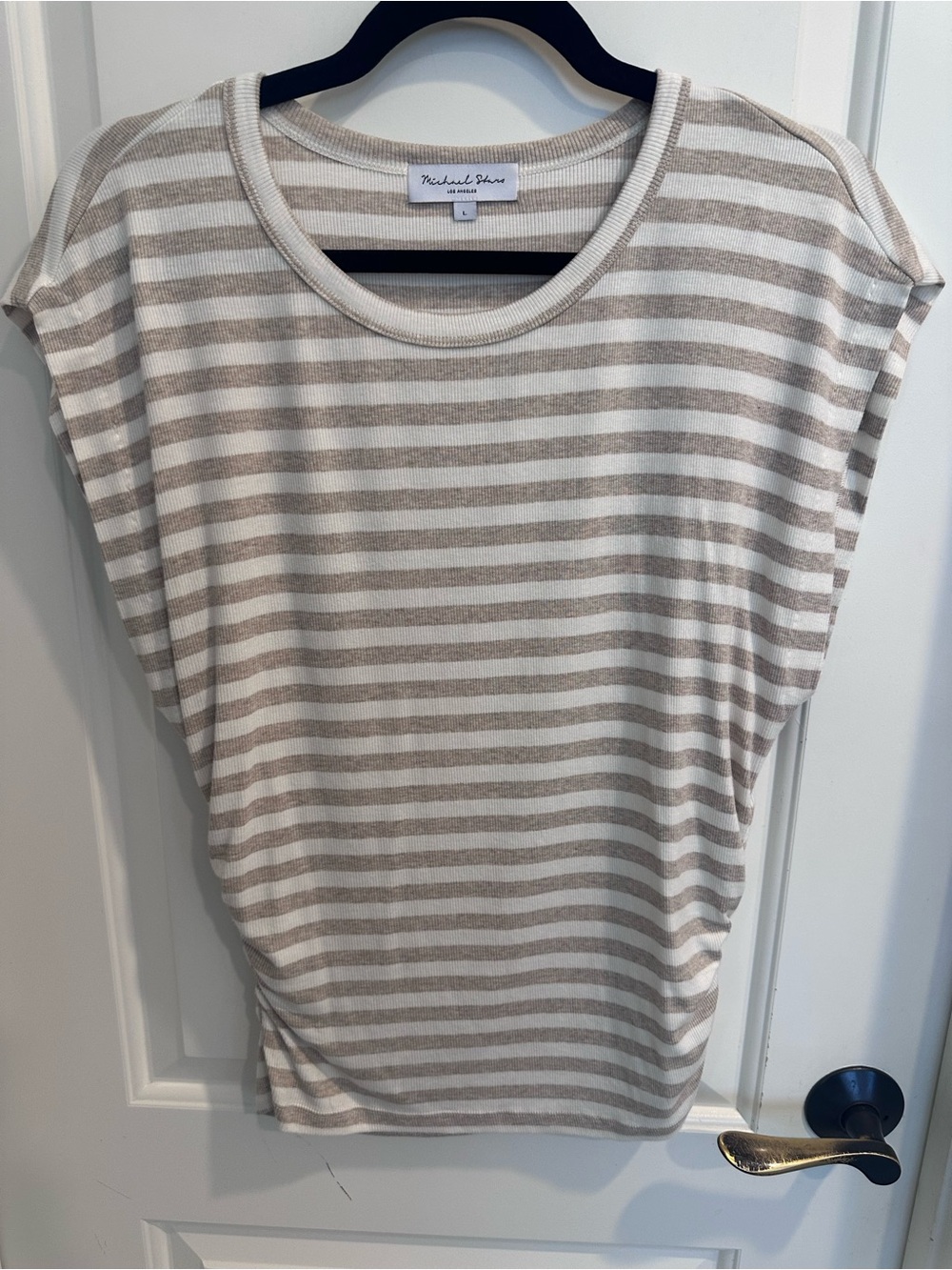 Evereve Michael Stars Women's Cream and Taupe Striped Short Sleeve Crew Neck L